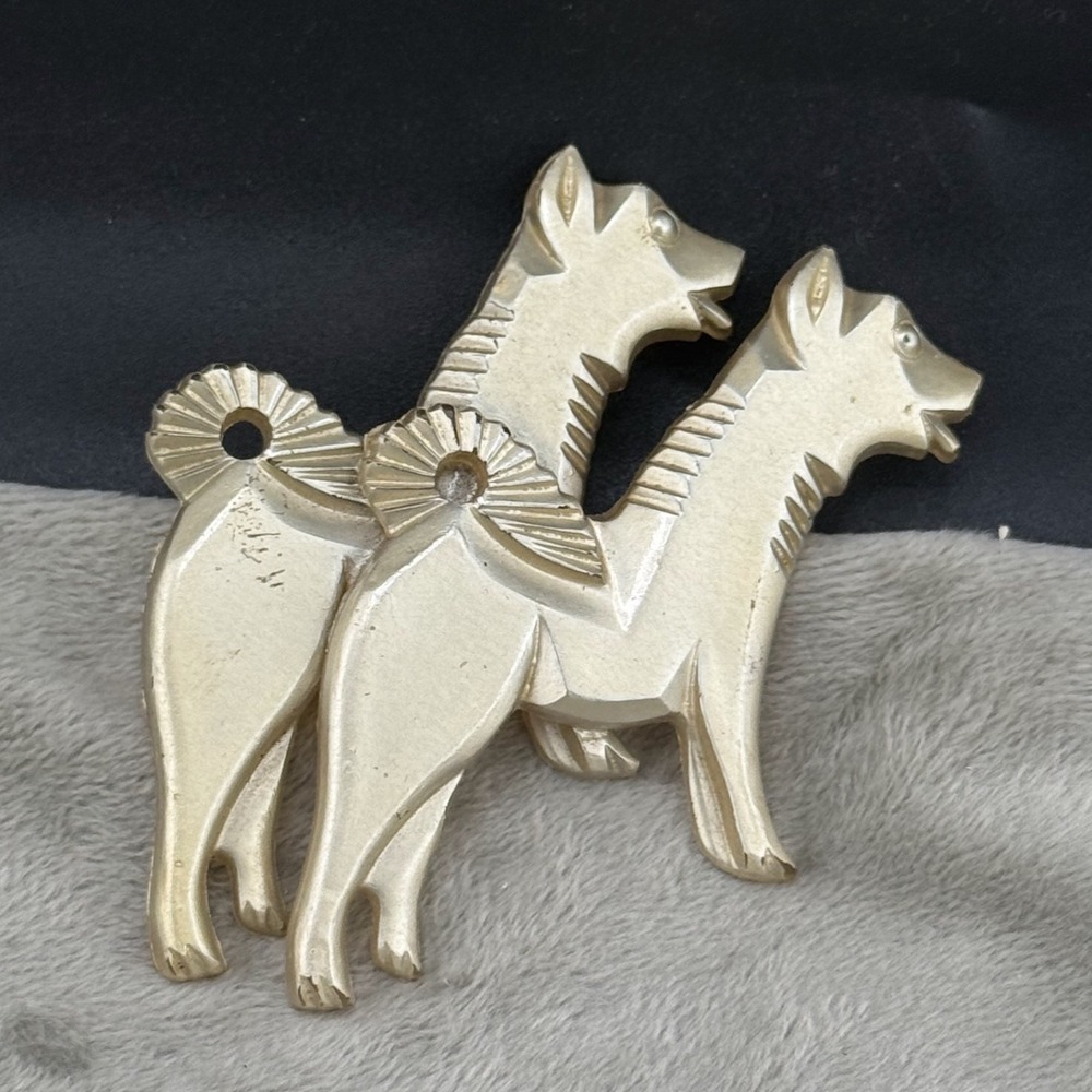 Vintage Estate Brooch Gold Tone Celluloid Husky Dog Pair Animal Pin